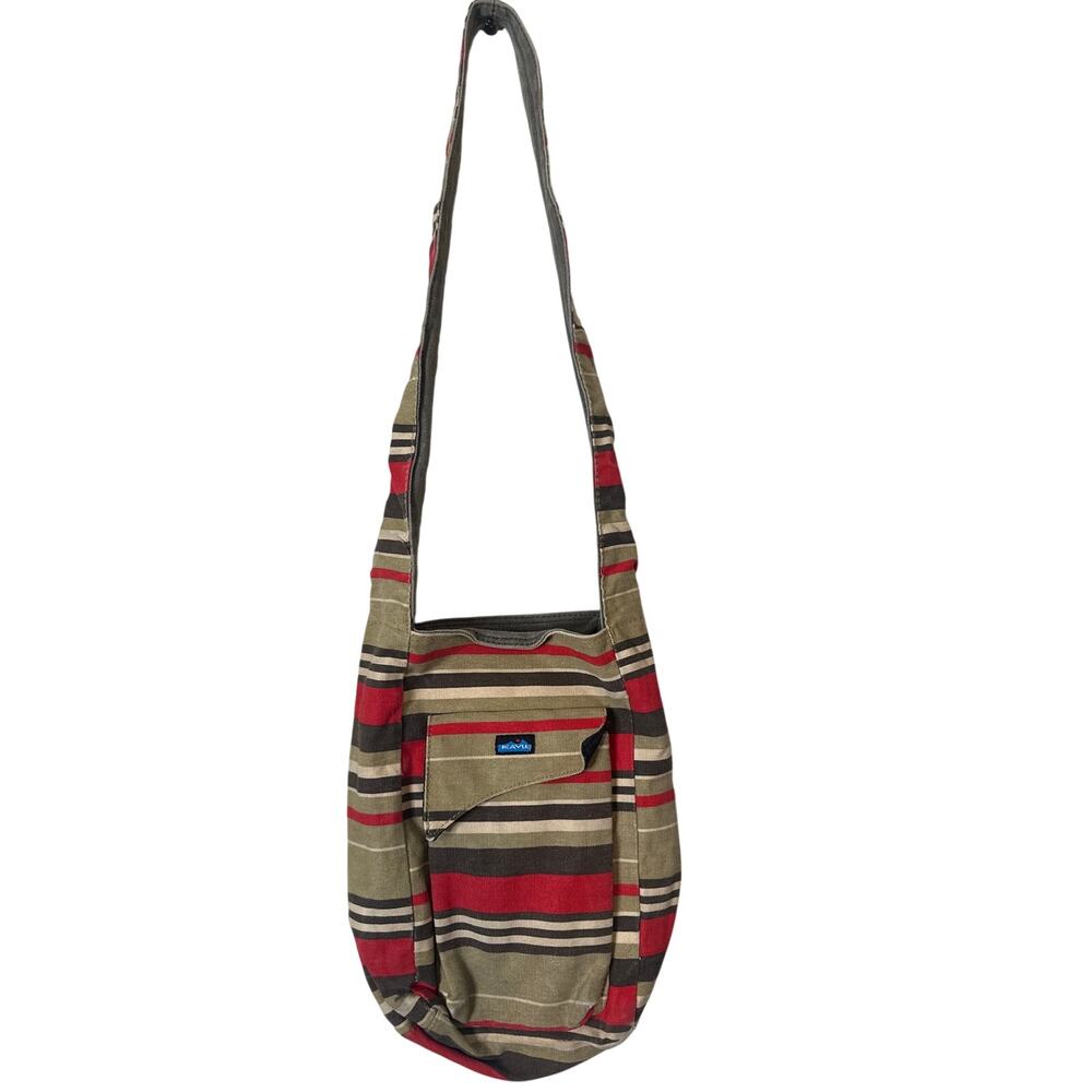 KAVU Reversible Crossbody Boho Sling Cotton Bag Pink Striped Flap Front Pocket